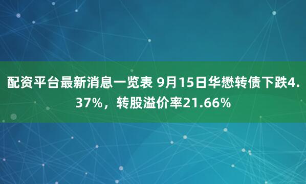 配资平台最新消息一览表 9月15日华懋转债下跌4.37%，转股溢价率21.66%